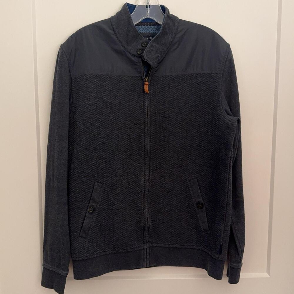 Ted Baker Jacket Mens L Blue Herringbone Knit Bomber Zip Stand Collar Lined Prep